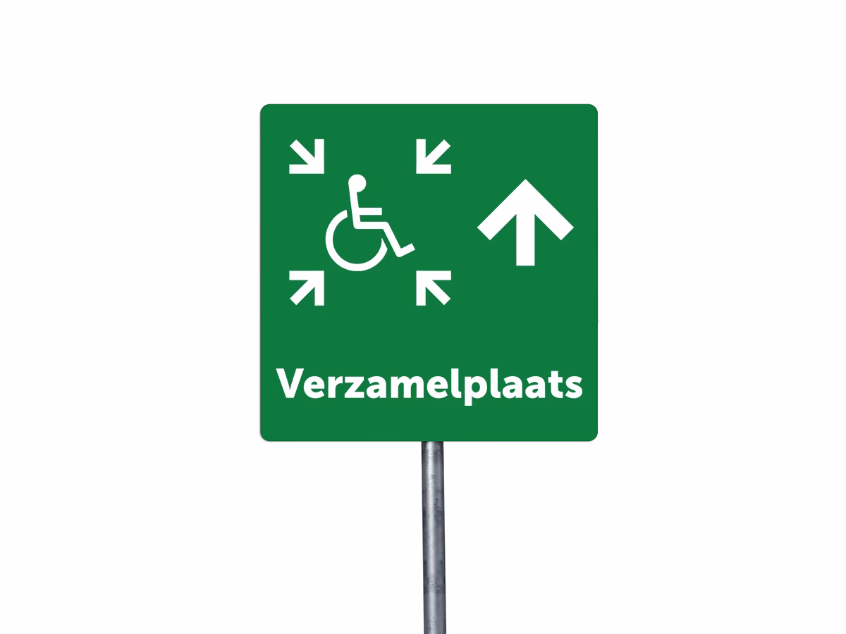 Verzamelplaats calamiteiten mindervalide omhoog bord in 2 kleuren