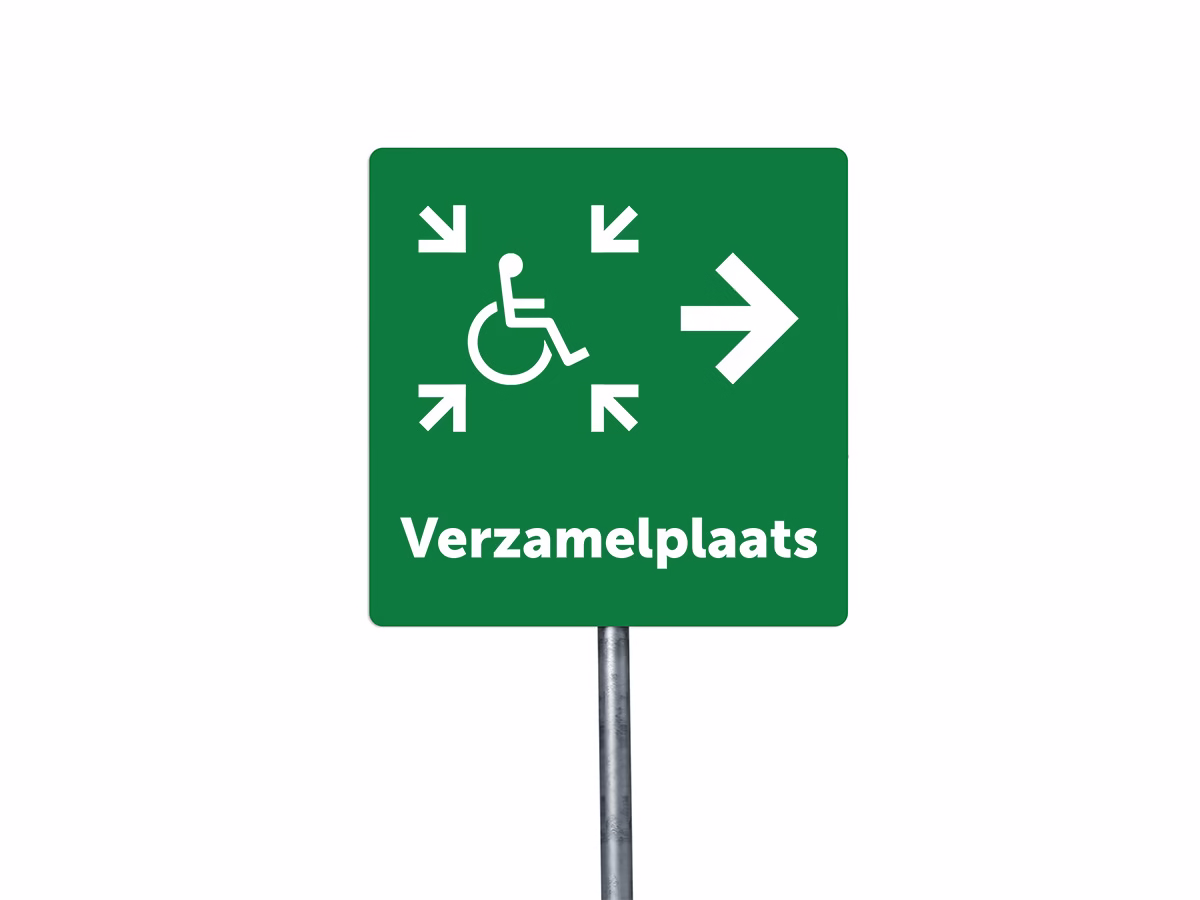 Verzamelplaats calamiteiten mindervalide rechts bord in 2 kleuren