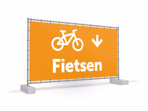 Fietsen omlaag bouwhekbanner in 9 kleuren