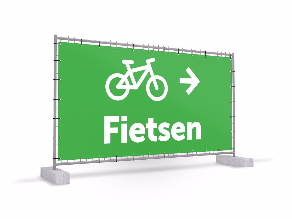 Fietsen rechts bouwhekbanner in 9 kleuren