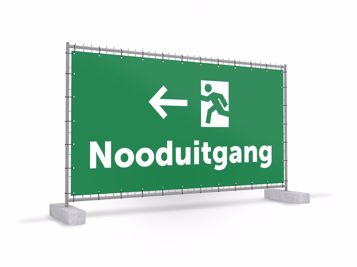 Nooduitgang links bouwhekbanner in 2 kleuren