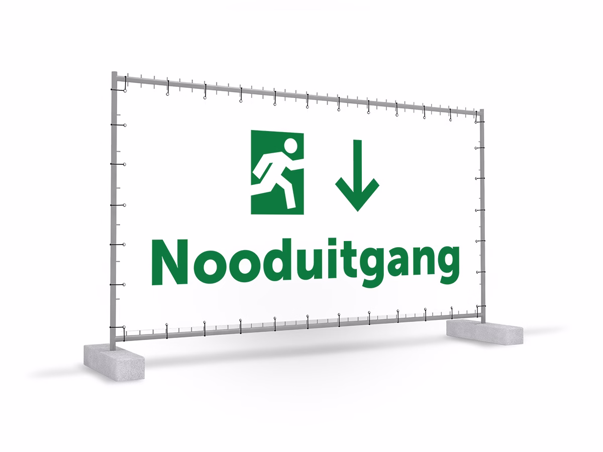 Nooduitgang omlaag bouwhekbanner in 2 kleuren