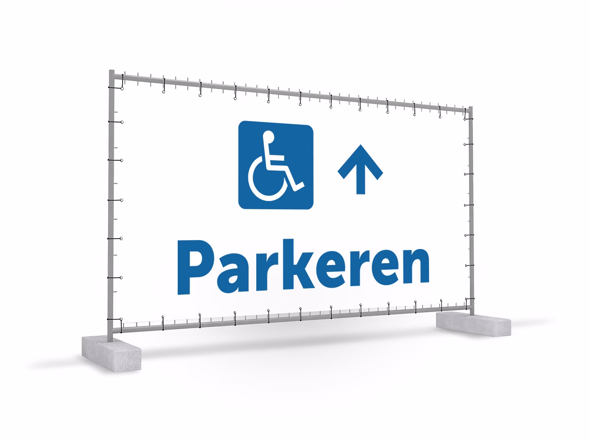 Parkeren mindervalide omhoog bouwhekbanner in 2 kleuren