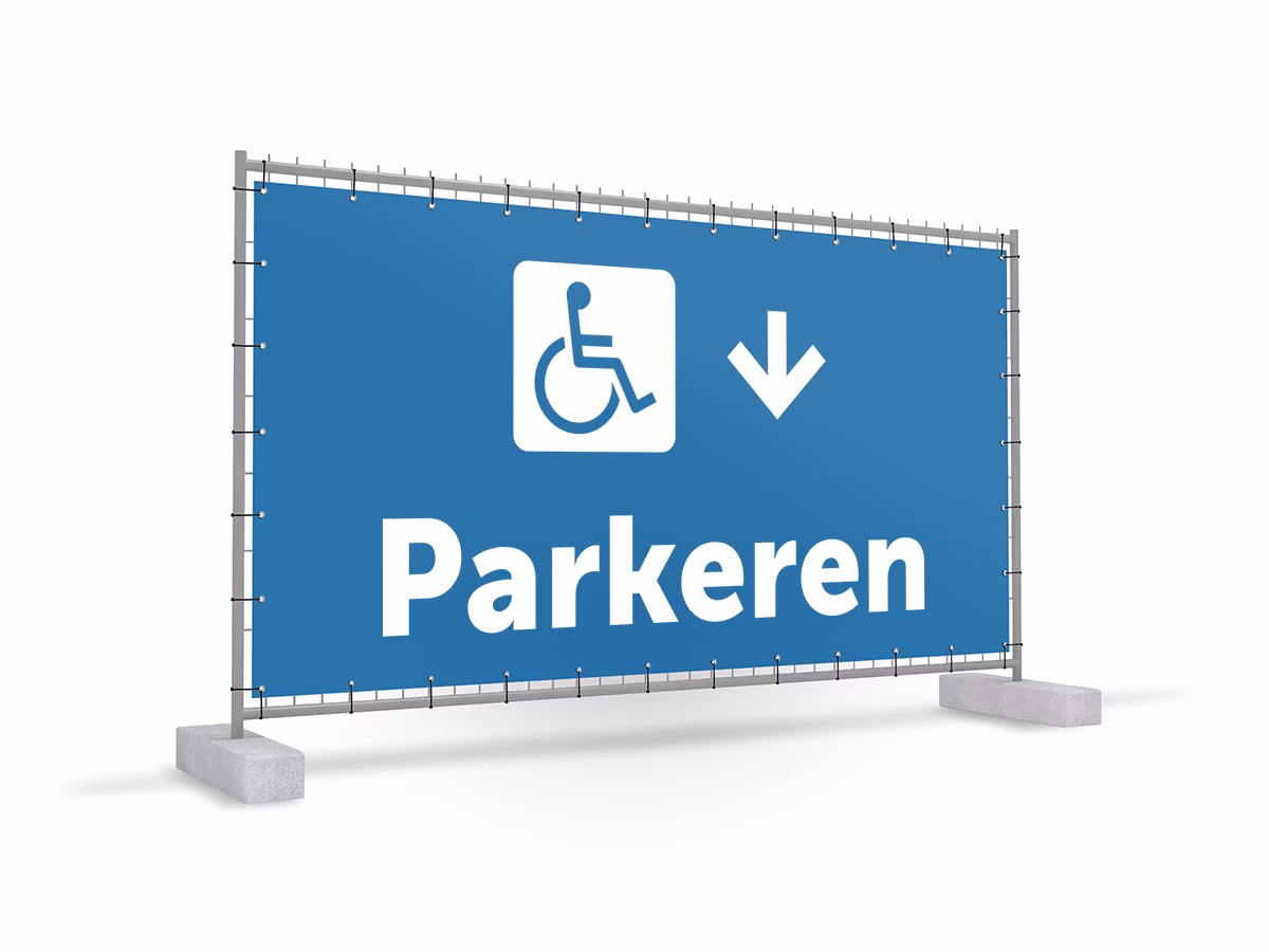 Parkeren mindervalide omlaag bouwhekbanner in 2 kleuren