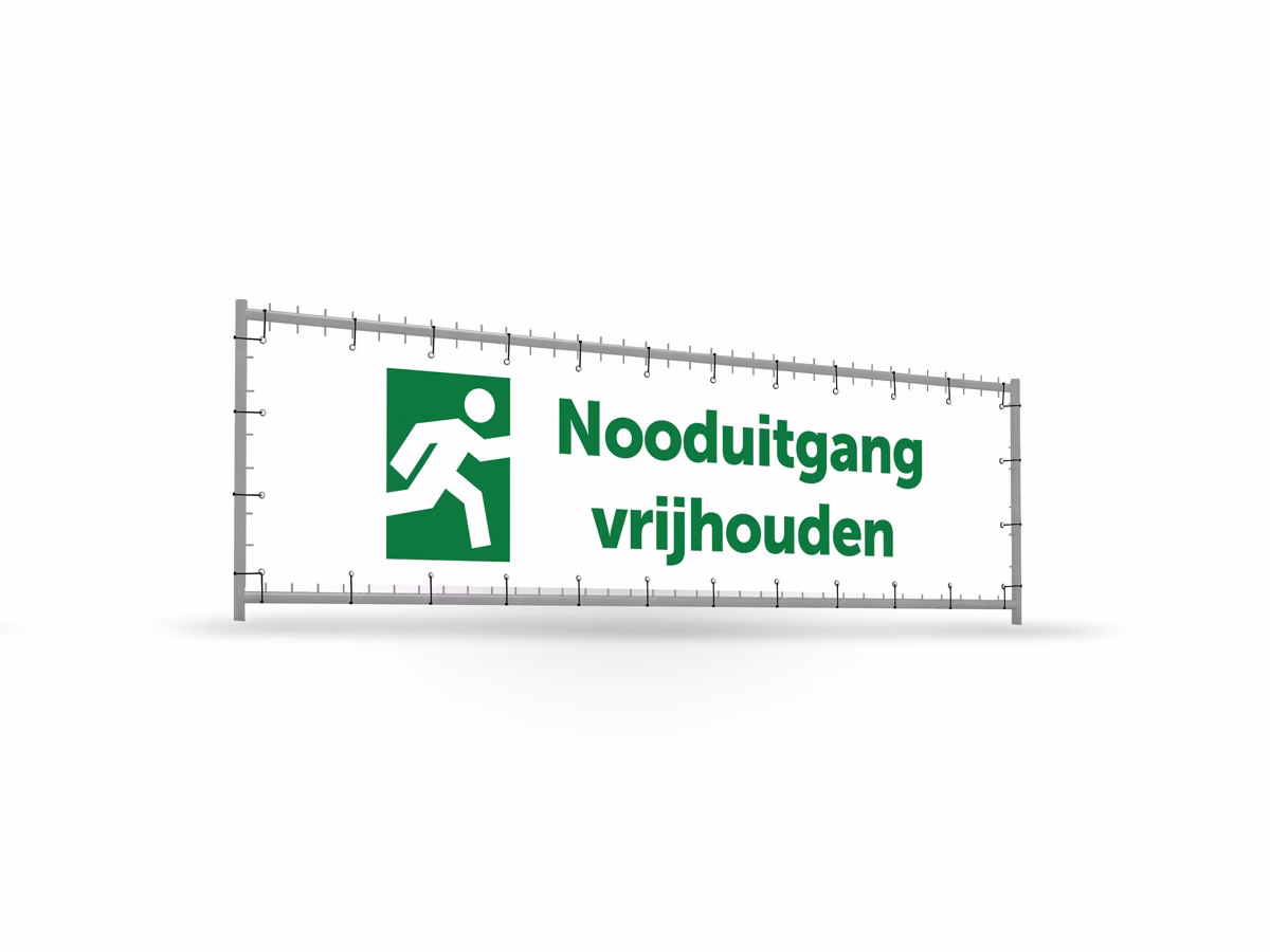 Nooduitgang vrijhouden bouwhekbanner verhoging in 2 kleuren