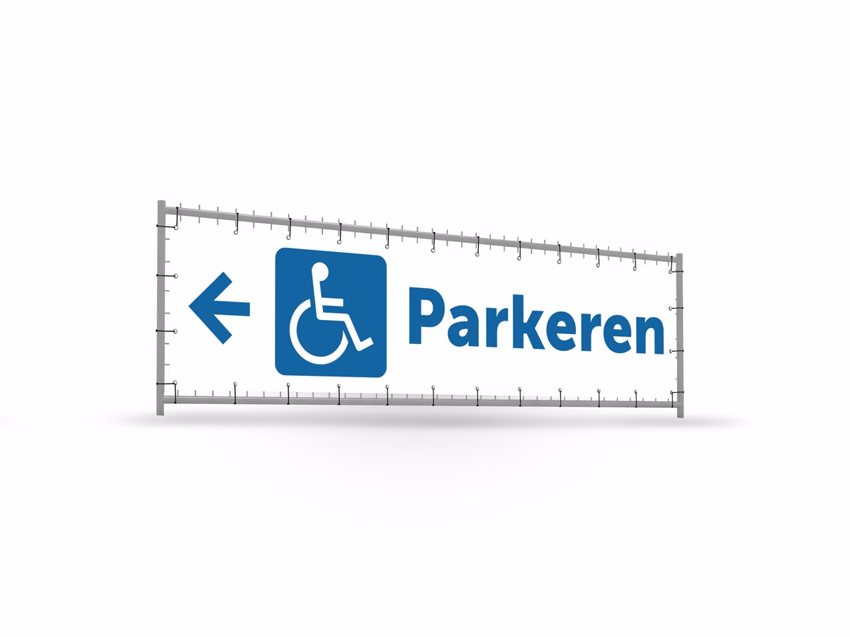 Parkeren mindervalide links bouwhekbanner verhoging in 2 kleuren