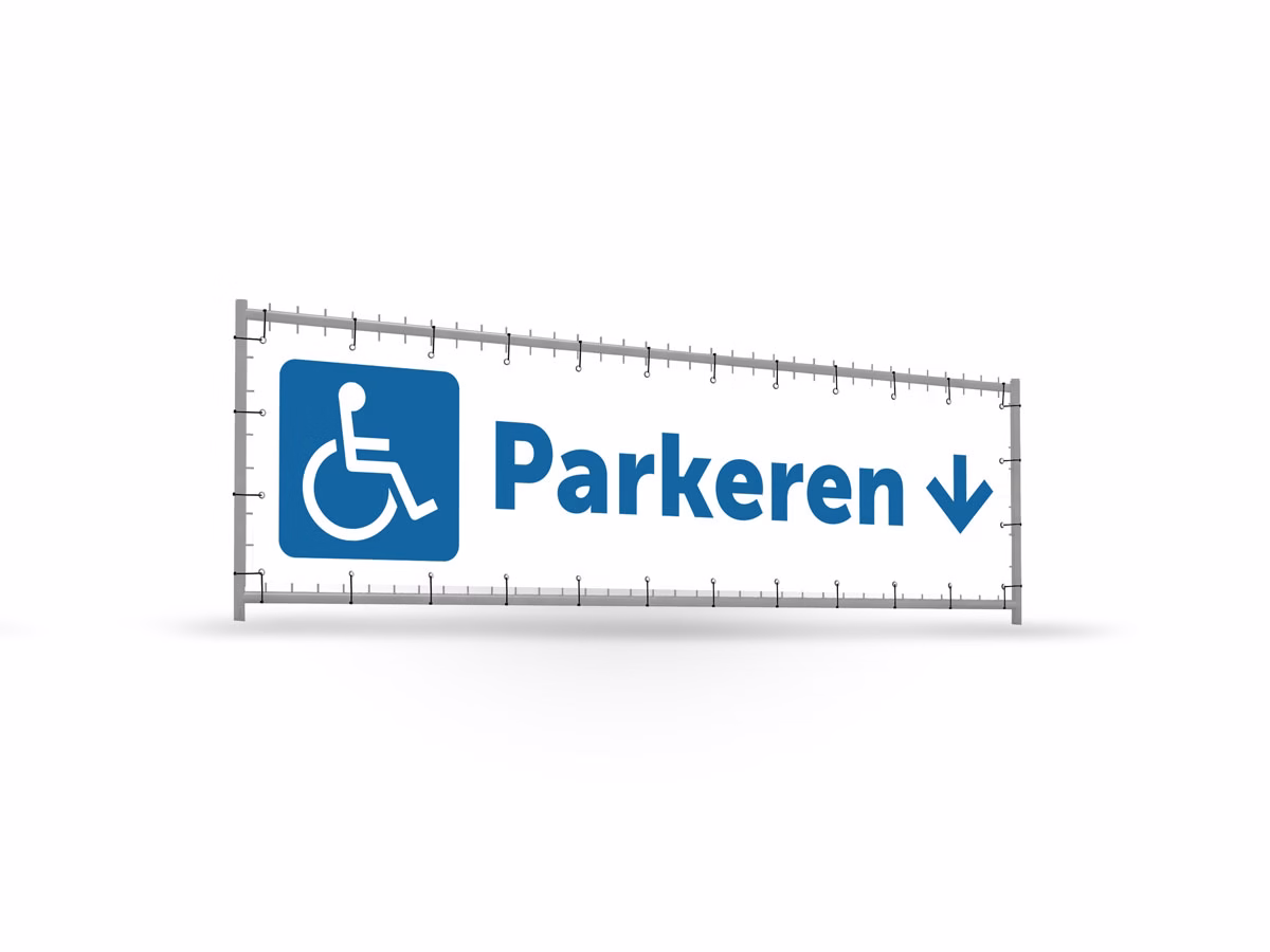 Parkeren mindervalide omlaag bouwhekbanner verhoging in 2 kleuren