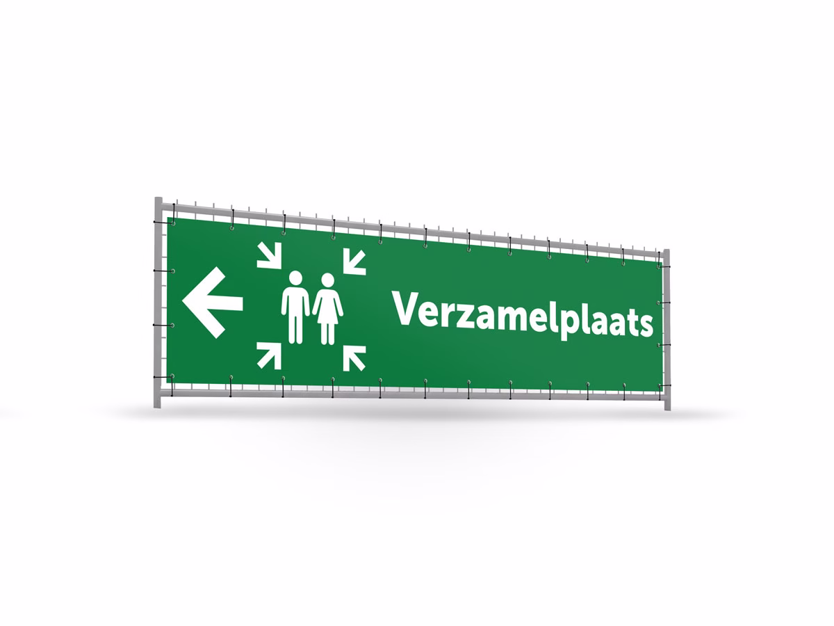 Verzamelplaats calamiteiten links bouwhekbanner verhoging in 2 kleuren