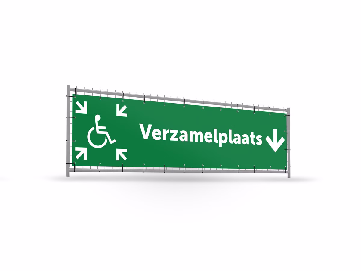 Verzamelplaats calamiteiten mindervalide omlaag bouwhekbanner verhoging in 2 kleuren