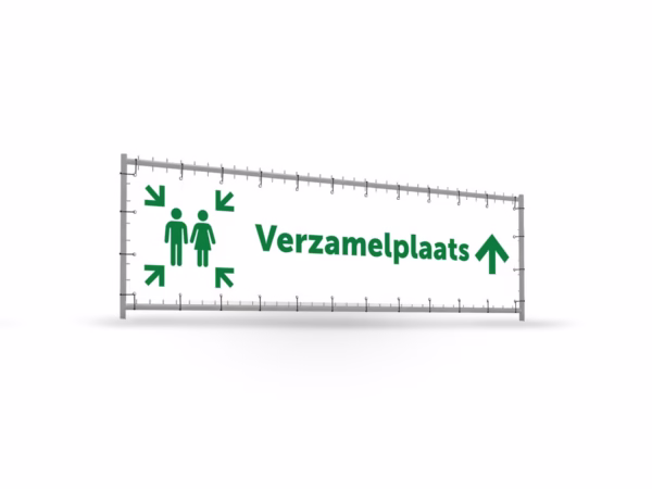 Verzamelplaats calamiteiten omhoog bouwhekbanner verhoging in 2 kleuren