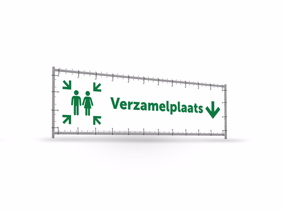 Verzamelplaats calamiteiten omlaag bouwhekbanner verhoging in 2 kleuren