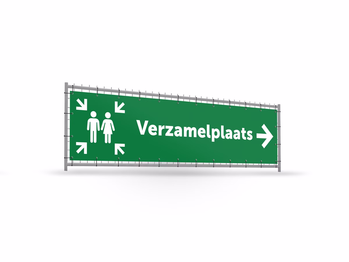 Verzamelplaats calamiteiten rechts bouwhekbanner verhoging in 2 kleuren