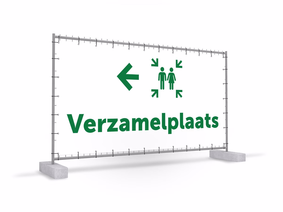 Verzamelplaats calamiteiten links bouwhekbanner in 2 kleuren