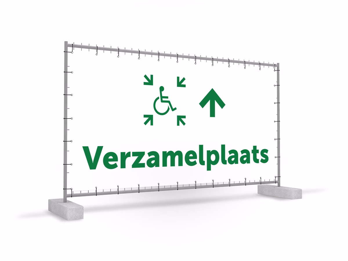 Verzamelplaats calamiteiten mindervalide omhoog bouwhekbanner in 2 kleuren