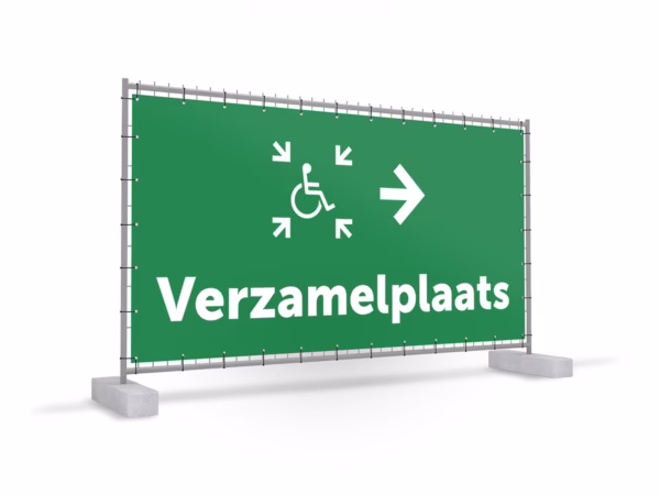 Verzamelplaats calamiteiten mindervalide rechts bouwhekbanner in 2 kleuren