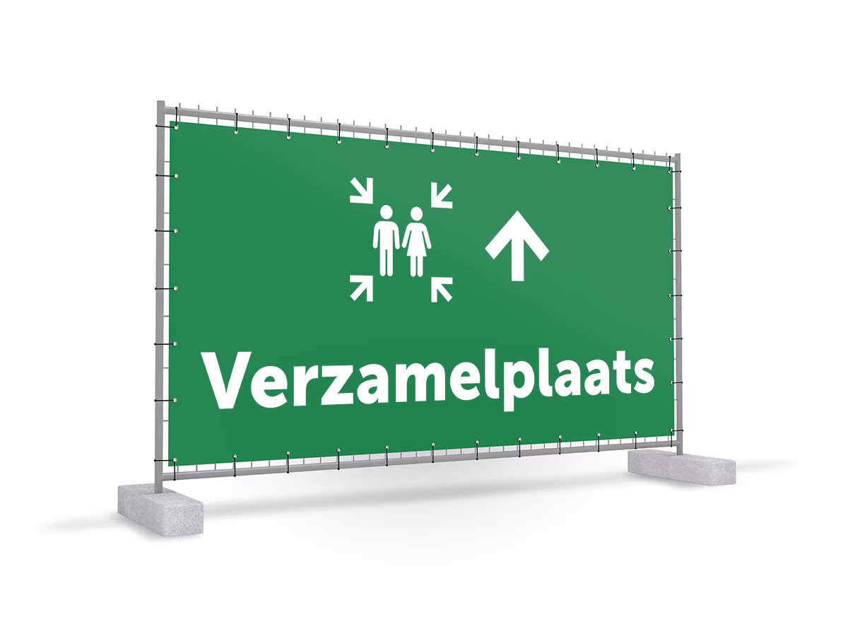 Verzamelplaats calamiteiten omhoog bouwhekbanner in 2 kleuren