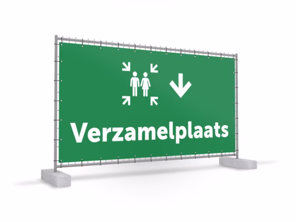 Verzamelplaats calamiteiten omlaag bouwhekbanner in 2 kleuren