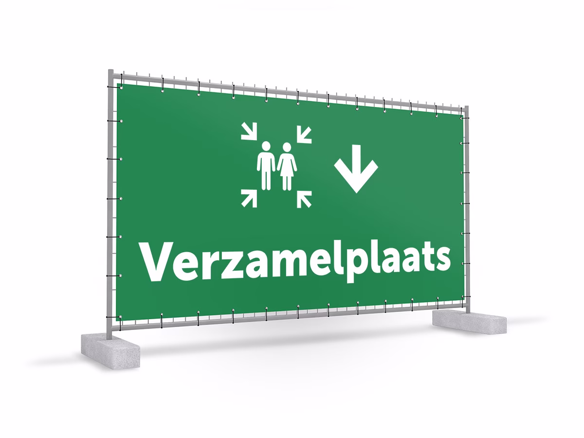 Verzamelplaats calamiteiten omlaag bouwhekbanner in 2 kleuren
