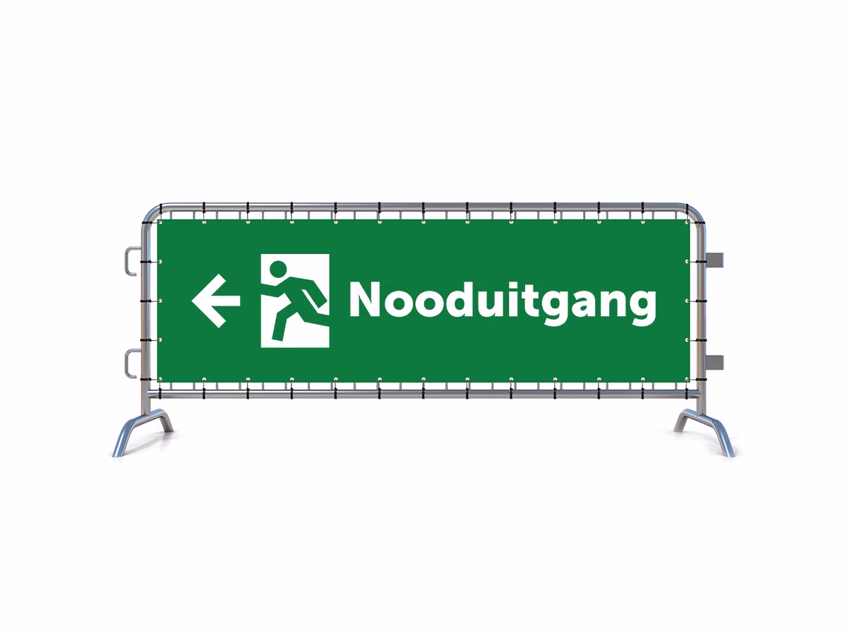 Nooduitgang links dranghekbanner in 2 kleuren