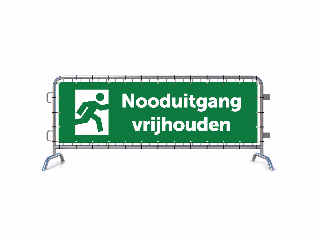 Nooduitgang vrijhouden dranghekbanner in 2 kleuren