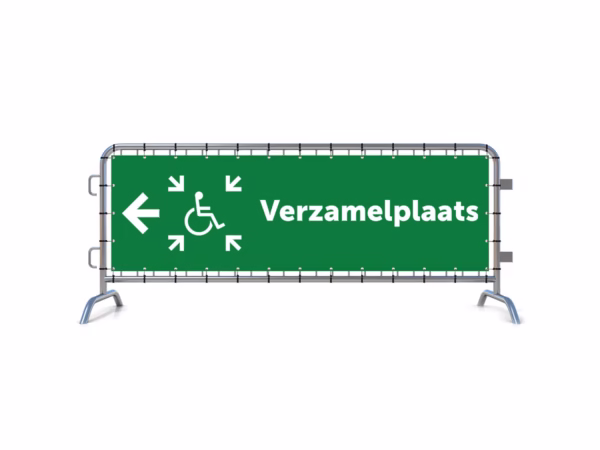 Verzamelplaats calamiteiten mindervalide links dranghekbanner in 2 kleuren