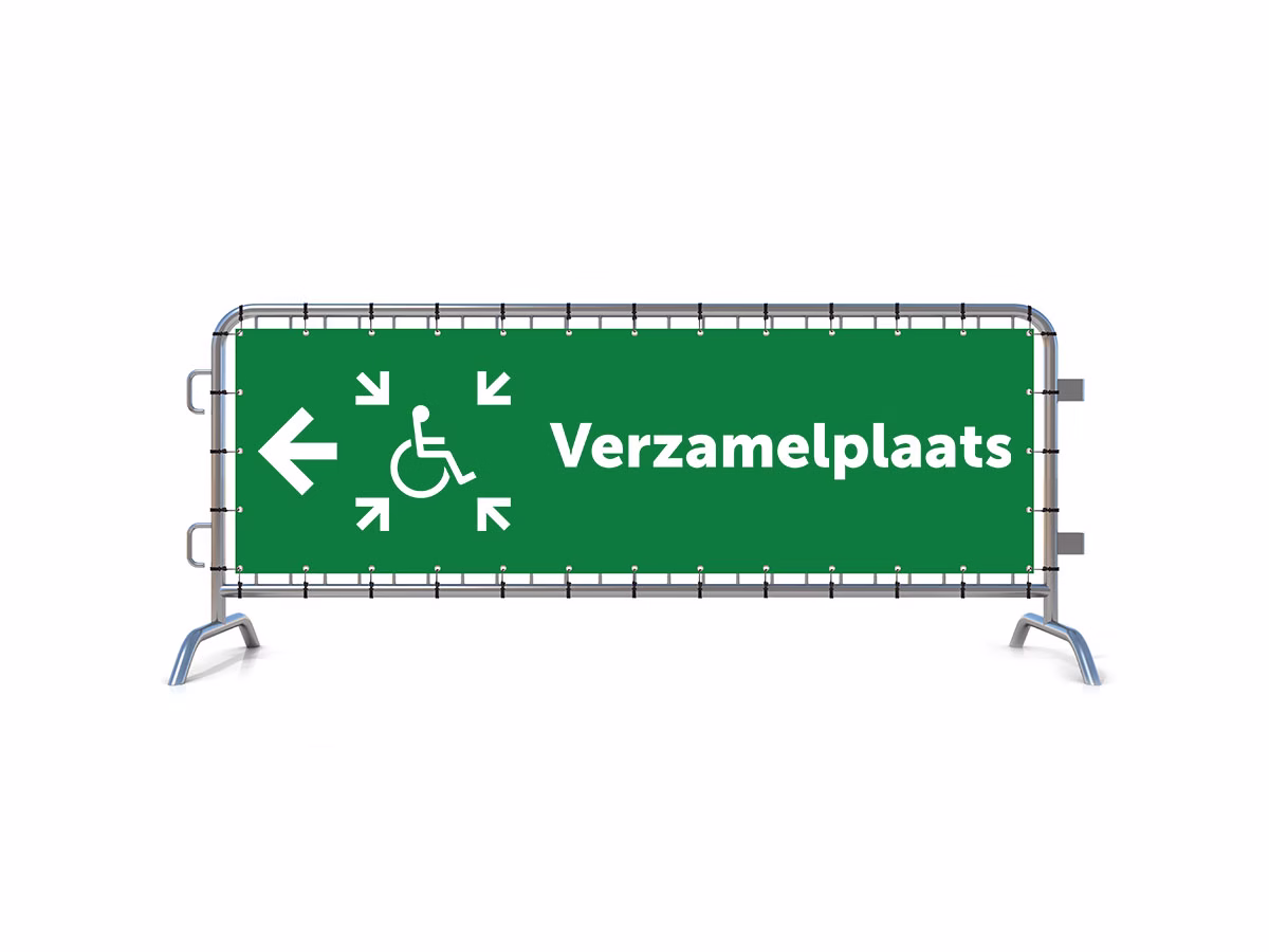 Verzamelplaats calamiteiten mindervalide links dranghekbanner in 2 kleuren
