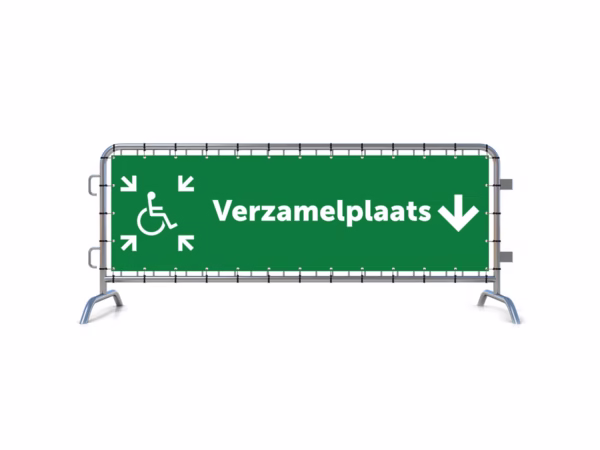 Verzamelplaats calamiteiten mindervalide omlaag dranghekbanner in 2 kleuren