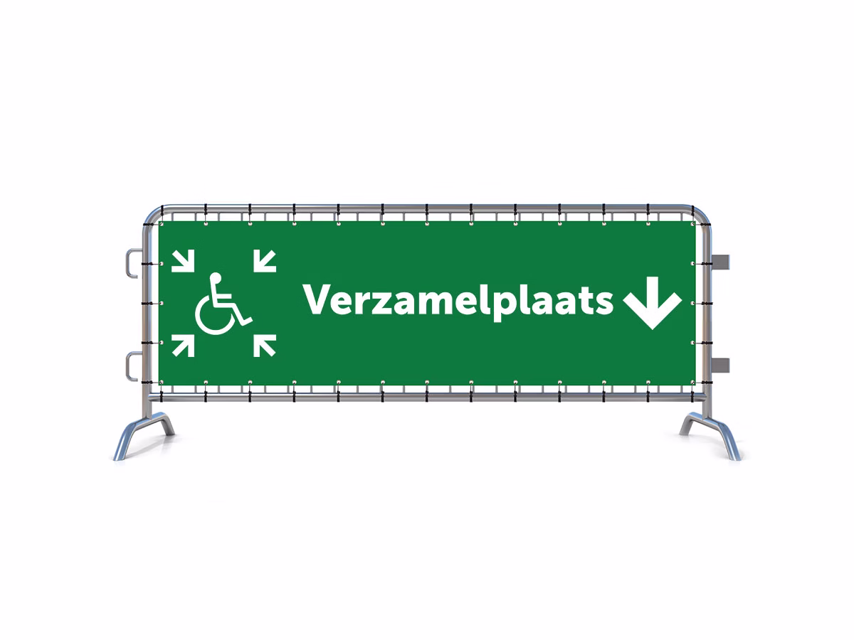 Verzamelplaats calamiteiten mindervalide omlaag dranghekbanner in 2 kleuren