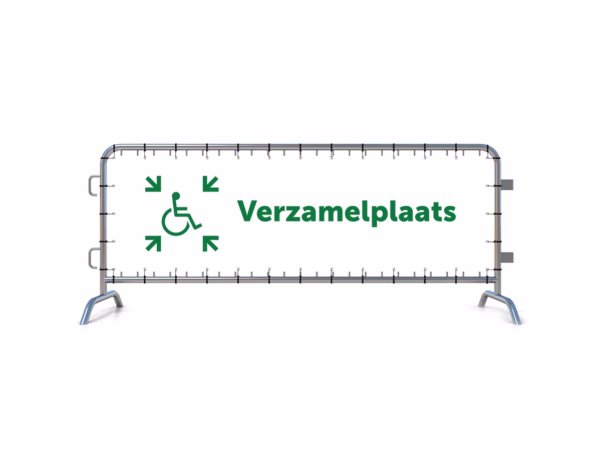 Verzamelplaats calamiteiten mindervalide dranghekbanner in 2 kleuren