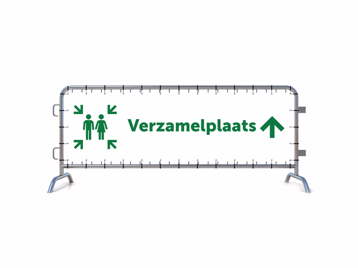 Verzamelplaats calamiteiten omhoog dranghekbanner in 2 kleuren