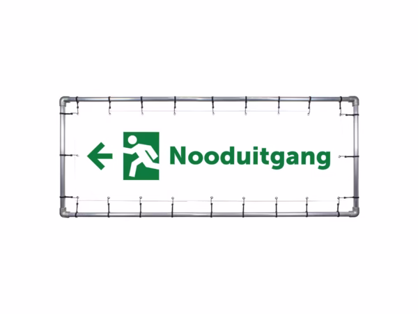 Nooduitgang links spandoek in 2 kleuren