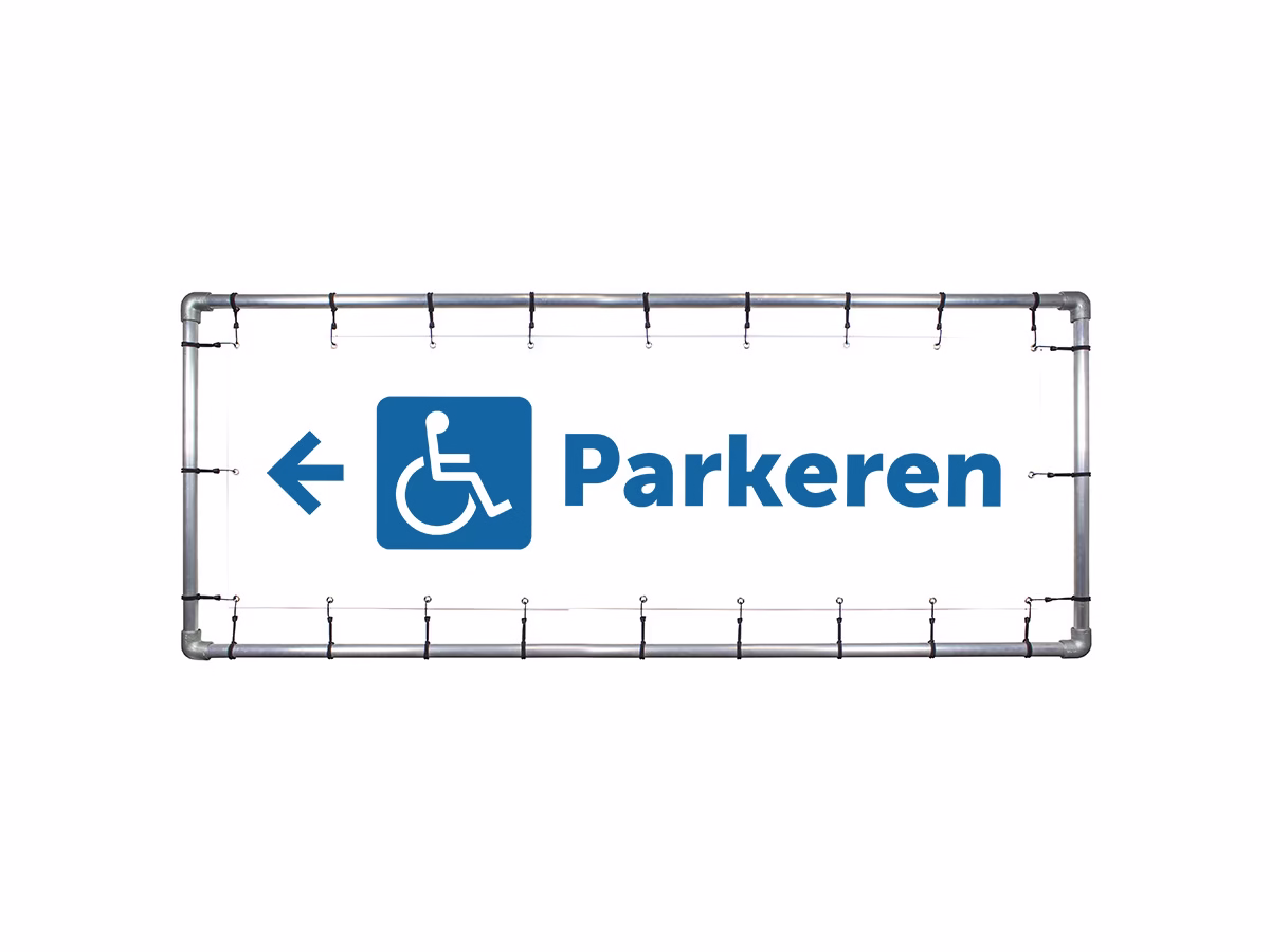 Parkeren mindervalide links spandoek in 2 kleuren